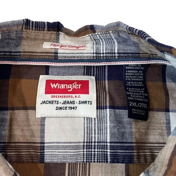 Wrangler Long Sleeve Button Down Shirt Men’s Size 2XL Brown Plaid Comfort Flex - Picture 2 of 5